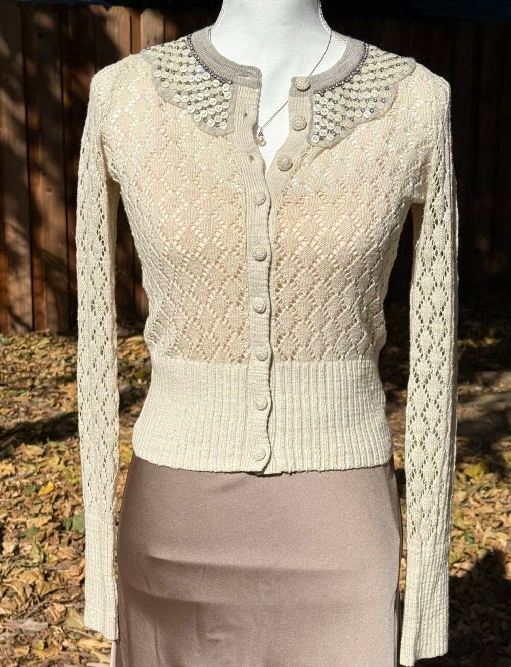 Anthropologie Crochet Peter Pan Collar Cardigan Cream Twee Textured Sweater XS